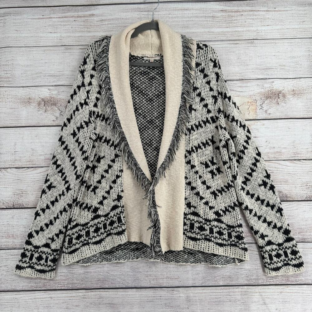 Skies are Blue‎ Open Front Fringed Cardigan Sweater Womens Small Cream Black